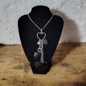 Avon Necklace Lot (2) – Silver Tone Beaded & Heart Charm w/ Black Crystal